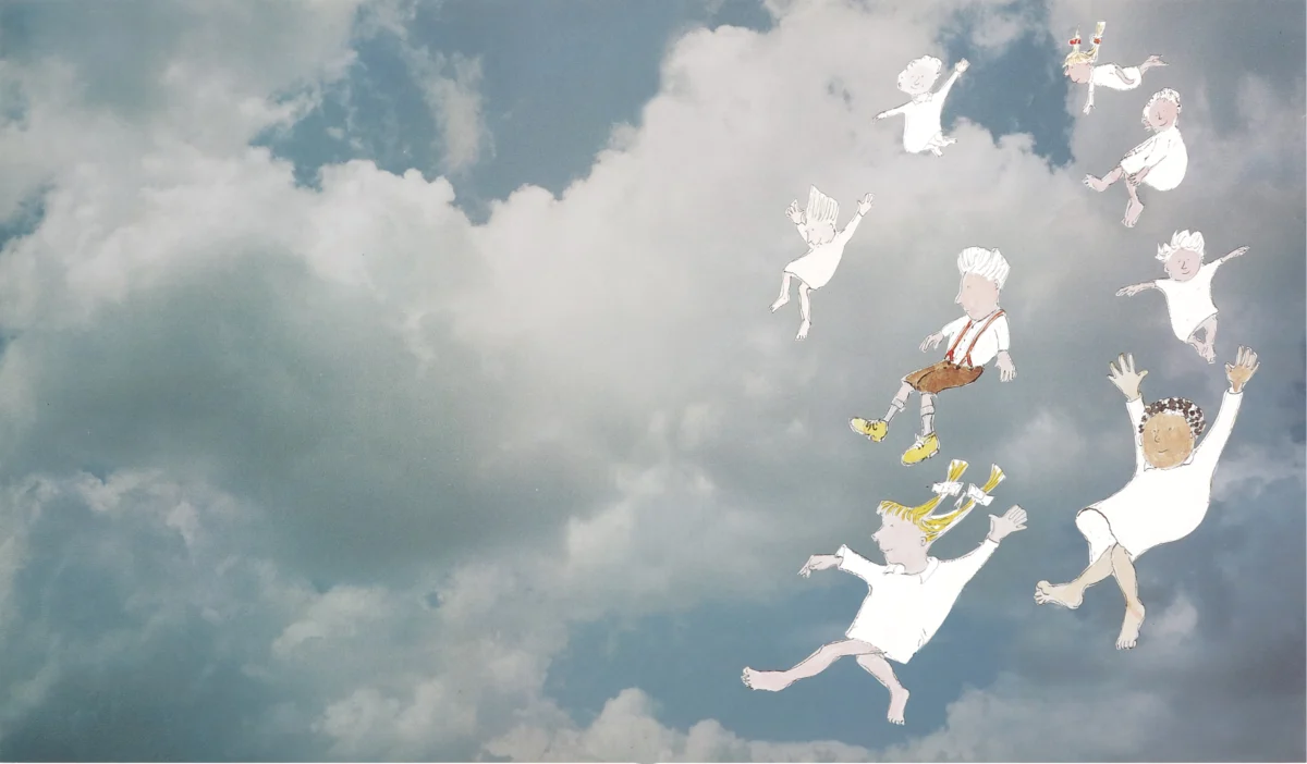 children jumping in the clouds