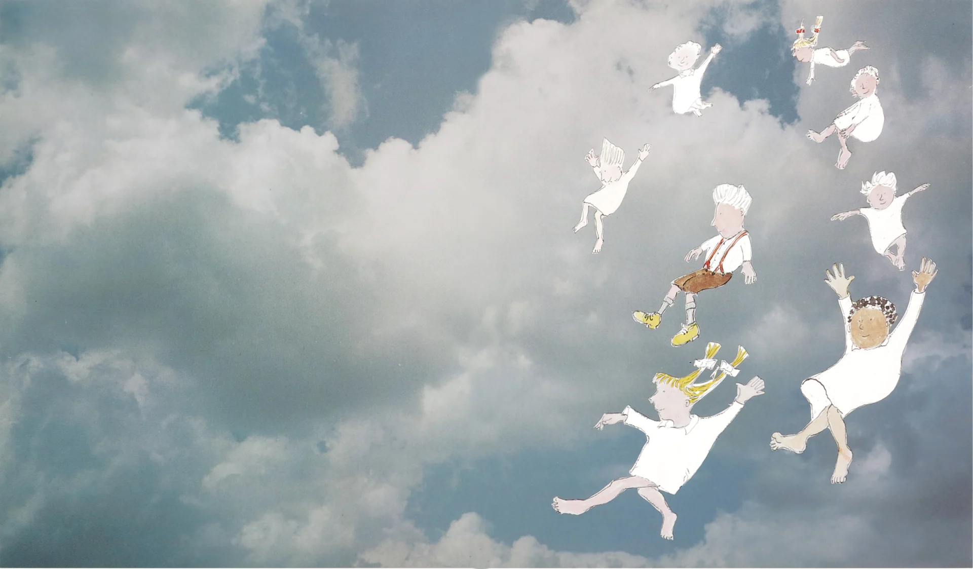 children jumping in the clouds