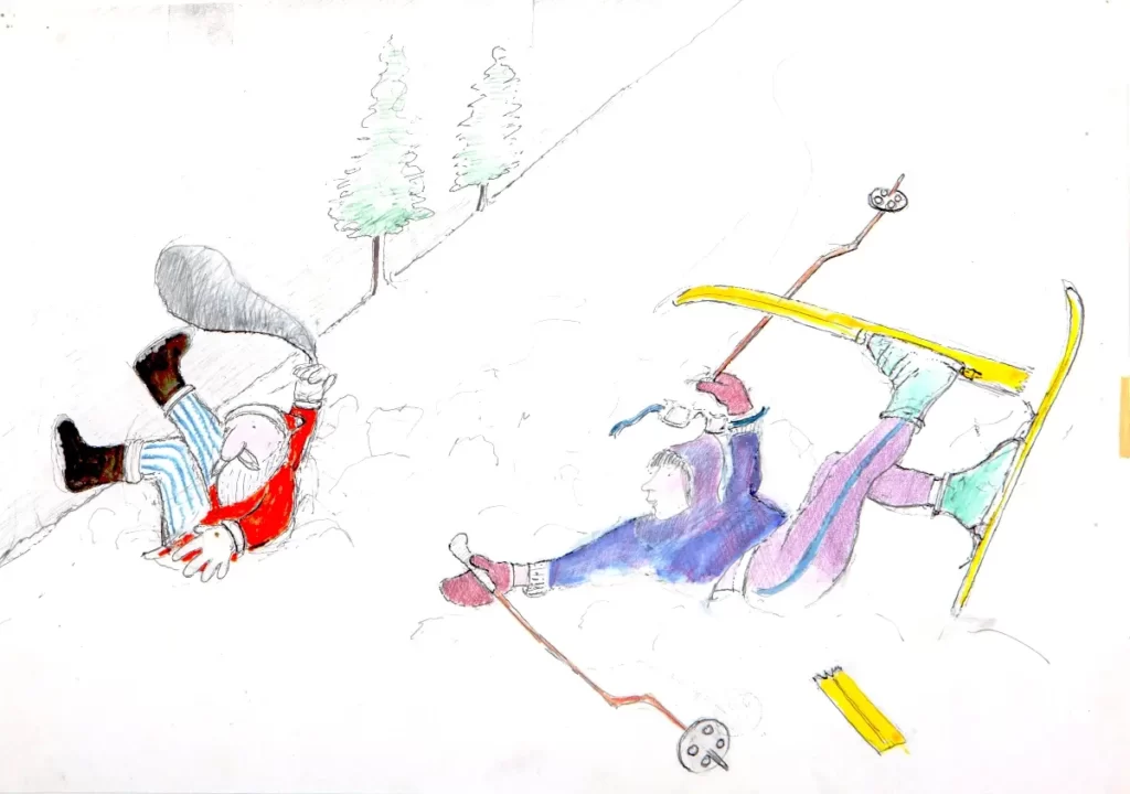 illustration of Harvey Slumfenburger skiing