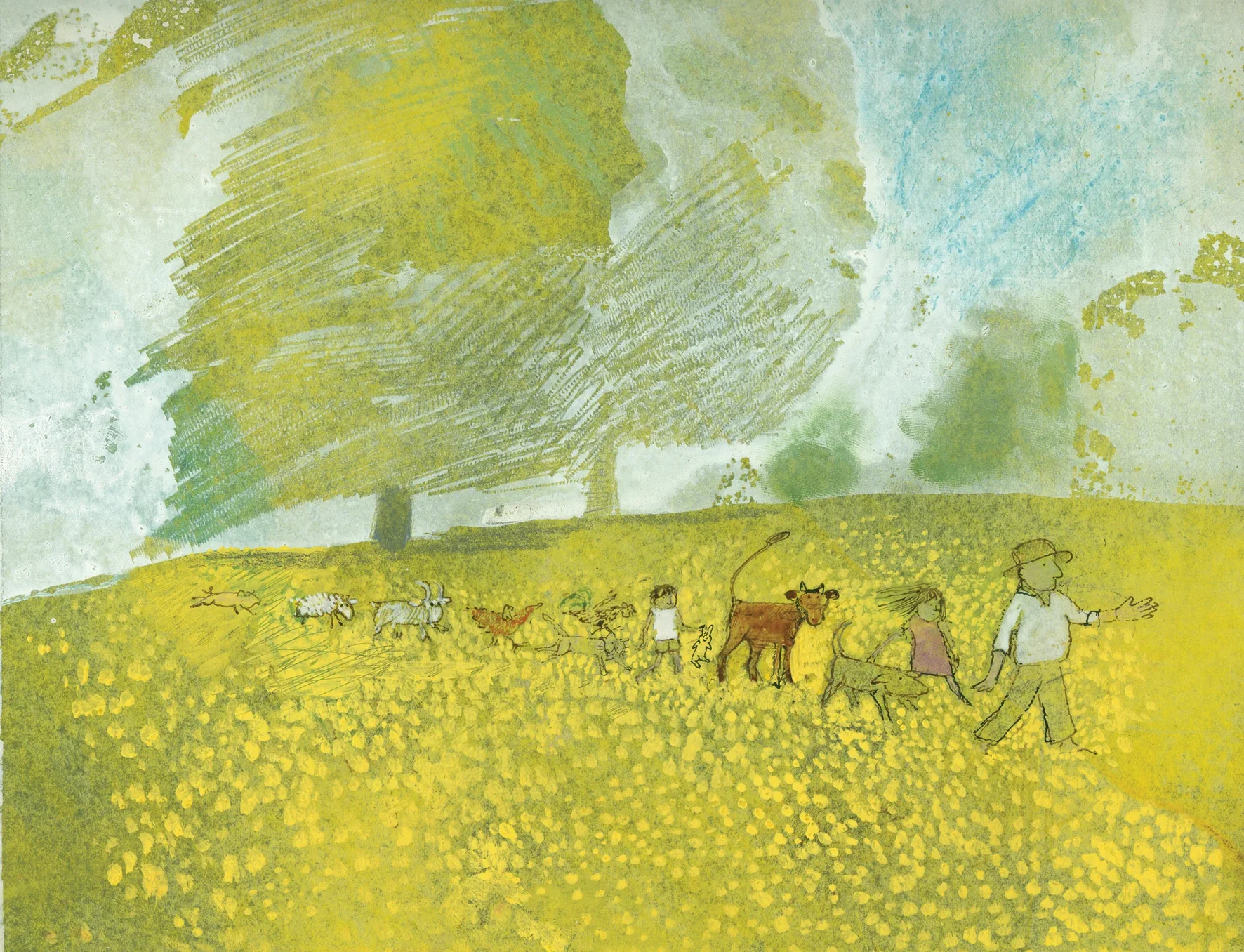 Take another look, Illustration from Mr Gumpy's Outing - walking home - it's time for tea